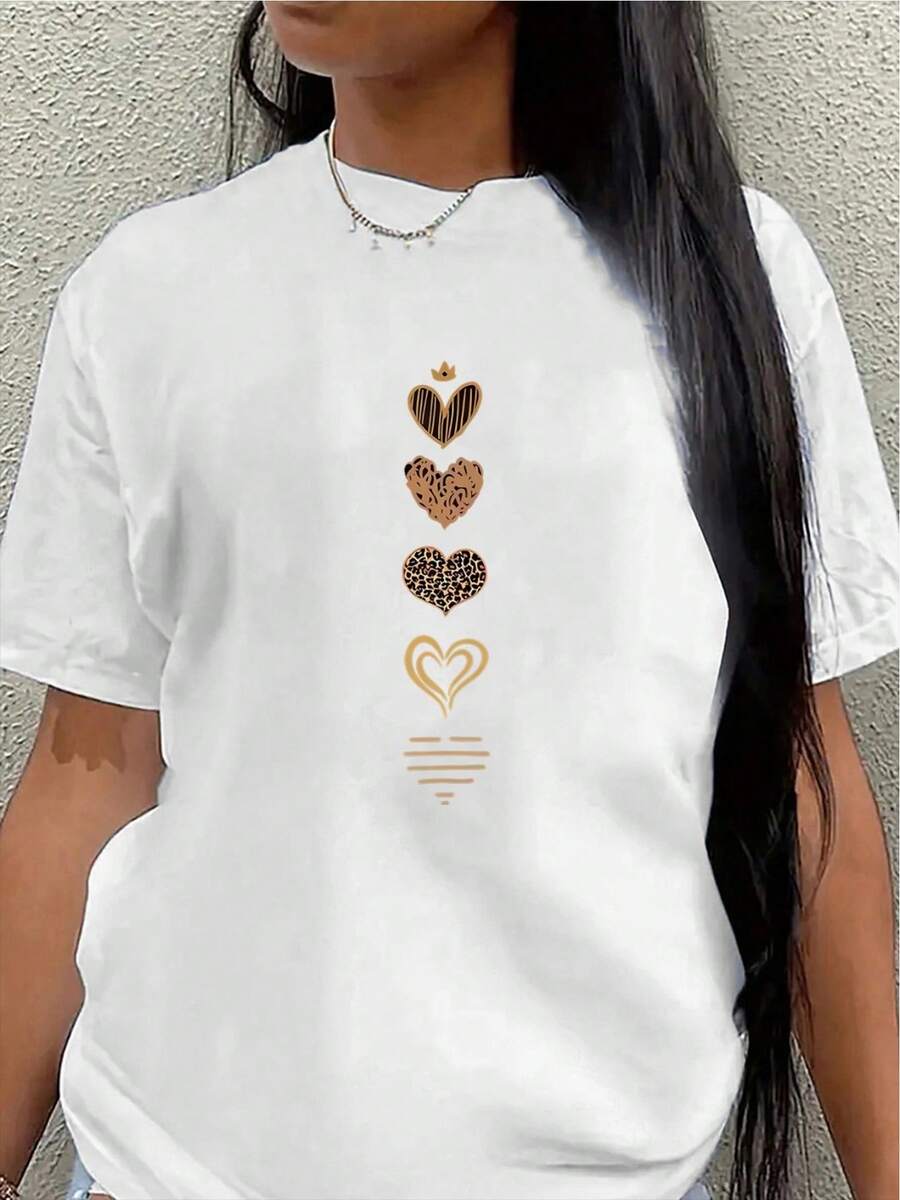 This Lightweight And Durable Short-Sleeved T-Shirt With A Gold Heart Design Is Perfect For Wearing At Home, In A Restaurant, Or Outdoors, Offering A Comfortable Everyday Wear Experience. Women's Blouses > Clothing - 白色 - 查看 1