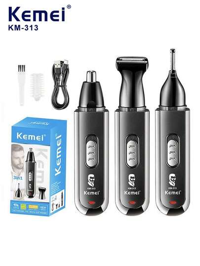 Kemei KM-313 3-In-1 Portable Electric Nose Hair Trimmer, Eyebrow Trimmer & Shaver Set, Type-C Rechargeable Smart Nose Hair & Sideburn Trimmer, Suitable For Men & Women