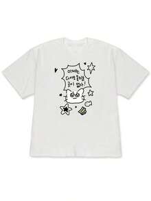 ropa de mujer Camiseta divertida coreana dibujada a mano - Gato lindo, texto coreano y patrones de estrellas/corazones/peces - Camiseta suave e informal de verano adecuada para fans de dramas coreanos y atuendos de estilo K - camisas de mujer - Blanco - Ver 6