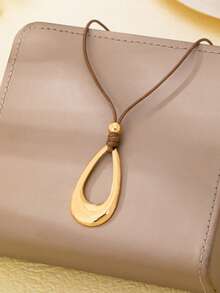 Niche Design Hollow Water Drop Pendant Rope Chain Necklace For Women, Minimalist Adjustable Wax Cord Neck Accessory - Gold - View 2