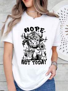 Women's Comfortable Casual Cotton Sports T-Shirt With 'Nope Not Today Cow Drink Star' Print, Ideal For A Gift - 白色 - 查看 1