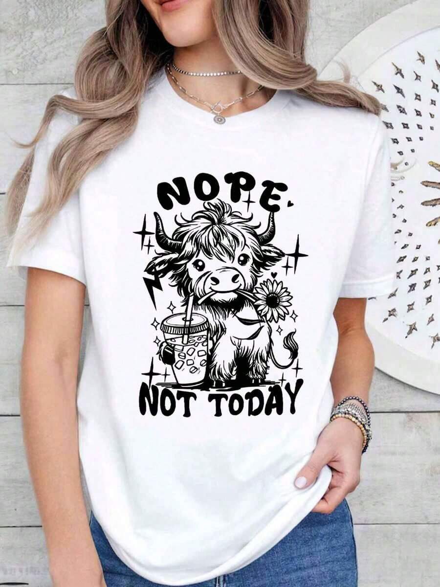 Women's Comfortable Casual Cotton Sports T-Shirt With 'Nope Not Today Cow Drink Star' Print, Ideal For A Gift - 白色 - 查看 1