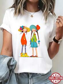 Soft Floral Print Cotton T-Shirt For Girls, 100% Cotton Short Sleeve Summer Blouse With Round Neck, Cute And Youthful, Breathable For Spring/Summer/Autumn, Suitable For Casual And Sporty Outfits, Pure Cotton Short Sleeve Round Neck Blouse For Women, Elegant Blouses For Women. - 白色 - 查看 7