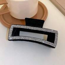 1pc Women's Rhinestone Square Hair Claw Clip, Fashionable Versatile Large Size Flocked Hair Accessory, Elegant For Daily, Party, Vacation - Black - View 3