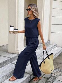 Conjunto de 2 piezas de chaleco y pantalones a cuadros casuales de vacaciones para mujer - Azul marino - Ver 7