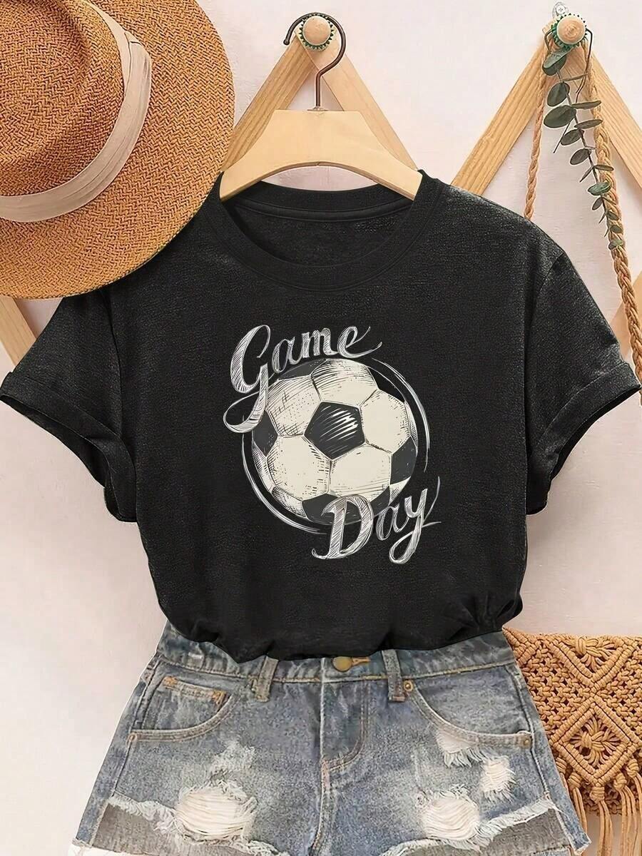 1 pieza de camiseta casual de fútbol para mujer - Estampado "Ese es mi nieto ahí fuera", camiseta verde de manga corta con cuello redondo, perfecta para fanáticos de los deportes y días de juego, uso casual. |   Camiseta de Corte Holgado |    Fabri180g Algodón 100% - Negro - Ver 1