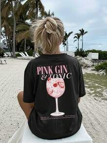 [Double-Sided Print] Casual Loose-Fitting Spring And Summer T-Shirt, Feminine Style, Berry Print, PINK GIN & TONIC Print, Pure Cotton Short-Sleeved T-Shirt, Off-The-Shoulder And Plus-Size For Fashionable Women. Elegant Party Outfit, T-Shirt For Elegant Ladies, Blouses Suitable For Curvy Women, Prom Skirts, Casual Wear - 黑色 - 查看 4