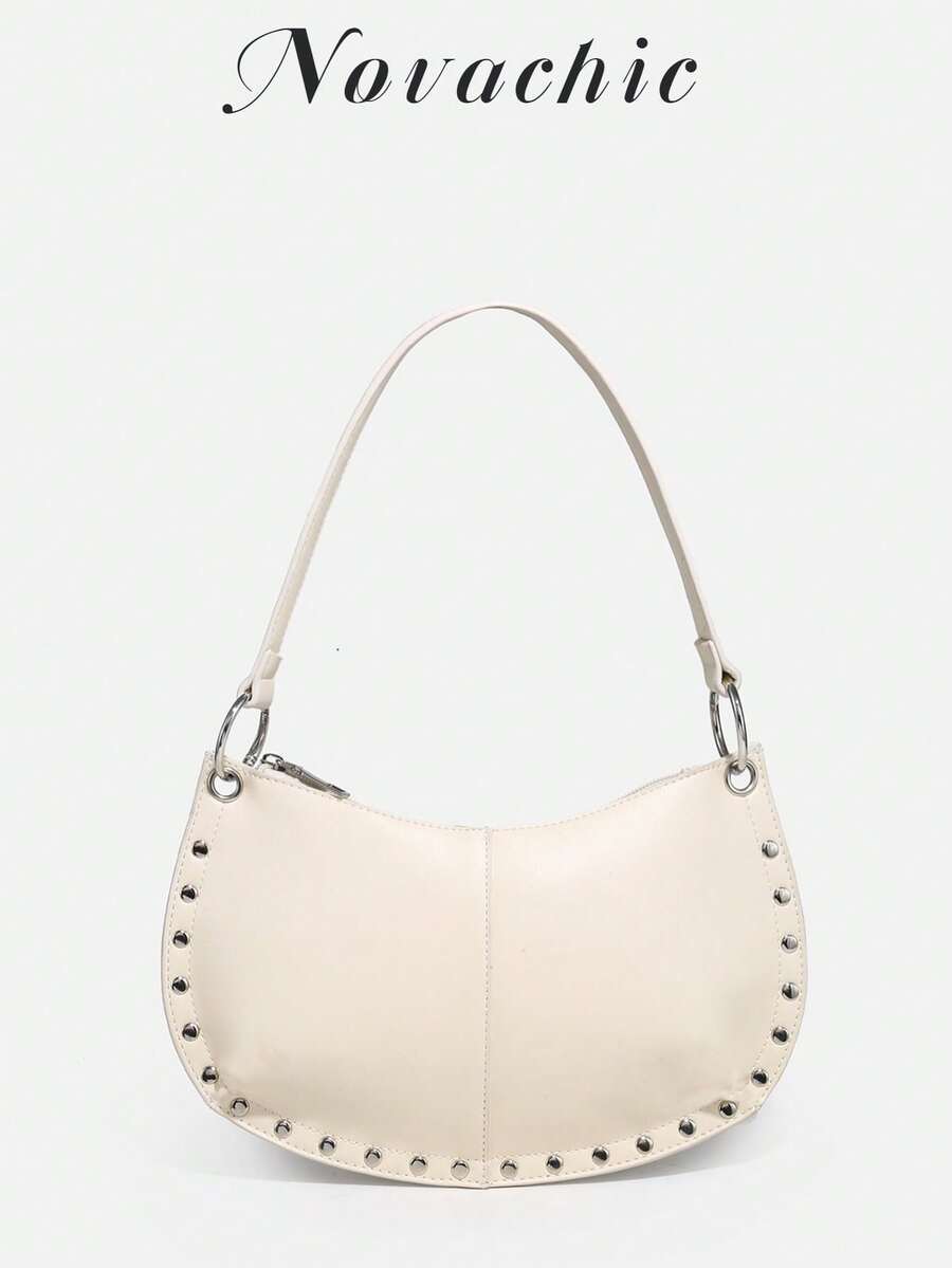 1pc Novachic 26 New Season Rivet Decor Zipper Closure Women Hobo Underarm Shoulder Bag, Suitable For Multiple Occasions - Beige - View 1