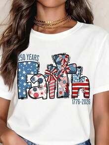 250 Years Of Faith 1776-2026 American Independence Day Patriotic T-Shirt With Floral And Flag Design For Women, Men, Unisex, Celebrate America's Freedom, Birthday Gift, Women's T-Shirts - 白色 - 查看 1