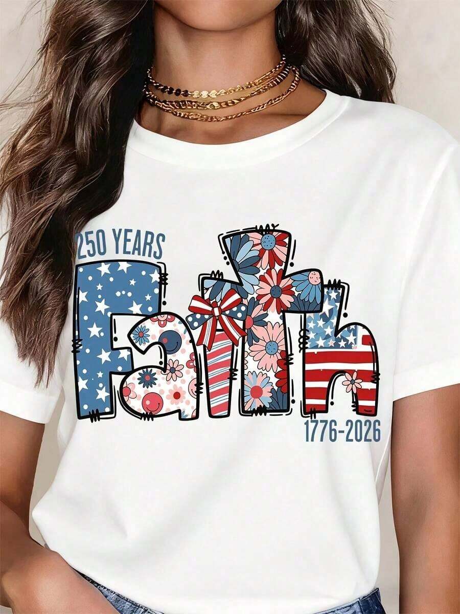 250 Years Of Faith 1776-2026 American Independence Day Patriotic T-Shirt With Floral And Flag Design For Women, Men, Unisex, Celebrate America's Freedom, Birthday Gift, Women's T-Shirts - 白色 - 查看 1
