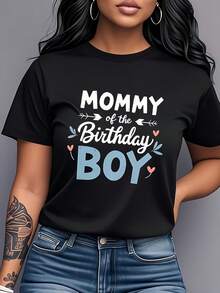 "Mom's Birthday Son" Printed T-Shirt, Short Sleeve, Round Neck, Women's Clothing, Casual And Versatile Style, Highlights Maternal Love, Daily Wear, Mother-Son Set, Birthday Gift, Party Outfit. - 黑色 - 查看 1