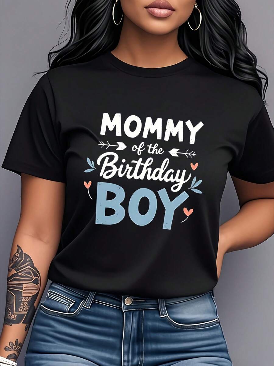 "Mom's Birthday Son" Printed T-Shirt, Short Sleeve, Round Neck, Women's Clothing, Casual And Versatile Style, Highlights Maternal Love, Daily Wear, Mother-Son Set, Birthday Gift, Party Outfit. - 黑色 - 查看 1