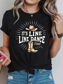 Women's Western Cowboy Style T-Shirt - "It's Line Dance Time" Letter Print, Short Sleeve, Round Neck, Casual Spring And Summer Blouse, Suitable For Dance Parties, Theme Events And Casual Wear, Machine Washable, Colorfast, Women's Shirts - 黑色 - 查看 1