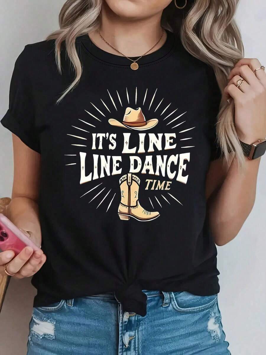 Women's Western Cowboy Style T-Shirt - "It's Line Dance Time" Letter Print, Short Sleeve, Round Neck, Casual Spring And Summer Blouse, Suitable For Dance Parties, Theme Events And Casual Wear, Machine Washable, Colorfast, Women's Shirts - 黑色 - 查看 1