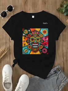 Limited Time Offer, Limited Quantity Available, Lightning, Women's Shirts, Women's T-Shirts. Women's Oversized Black T-Shirt, Short Sleeve, Round Neck, Colorful Graffiti  Mask Print, Casual Mexican Style For Everyday Wear - 黑色 - 查看 2