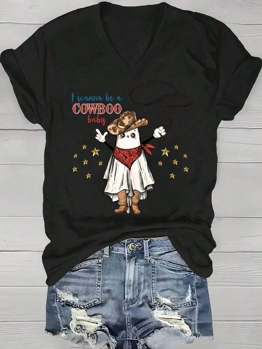 1 Piece Women's 180g Funny Halloween Print V-Neck T-Shirt, Casual Short Sleeve, Breathable, Comfortable And Lightweight, Suitable For Spring And Summer, It's The Best Choice Pa_17 Round Neck Printed Short Sleeve Casual Everyday T-Shirt, They Are Excellent Gifts For Friends And Family, 100% Cotton T-Shirts Feature, A Youthful And Fashionable Design Blouses For Women Shirt - 黑色 - 查看 1