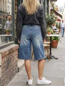 Quần lửng denim wash dáng rộng phong cách đường phố Mỹ - Màu xanh nhạt - Xem 4