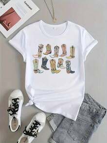 Zapatos Estampados, Camisa Estampada, Camisa Casual Estampada para Mujer, Camiseta de Manga Corta con Cuello Redondo, Ropa de Mujerblusas para mujer>ropa - Blanco - Ver 4