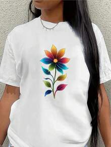 Polyester Short-Sleeved T-Shirt, Adorned With Bright Rainbow Floral Prints, Lightweight And Durable, Suitable For Home, Office, Or Casual Outdoor Wear, Comfortable And Fitted For Everyday Use. Women's Blouses > Clothing - 白色 - 查看 7