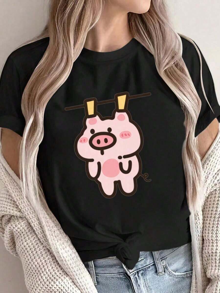 Under The Radar Women's Casual Short Sleeve T-Shirt With Pig And Clothesline Print - Soft Polyester Crew Neck T-Shirt, Pink, Machine Washable, Comfortable For All Seasons, 100% Cotton Ladies' T-Shirts. Unisex Loose Fit Short Sleeve Crew Neck Cotton T-Shirt, Urban Vintage Style - 黑色 - 查看 1