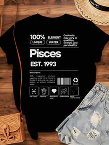 Women's Cotton T-Shirts, T-Shirt With The Zodiac Sign Pisces, 100% Unique, Water Element, Born In 1993, Graphic T-Shirt With Constellation Of Compassion And Love For Women, Basic Blouses For Women. - 黑色 - 查看 3