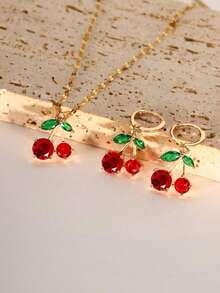 3pcs/Set Cherry Pendant Necklace & Earrings Set, Holiday Gift For Friends & Girlfriends (Excluding Gift Box) - Style 3 - View 2