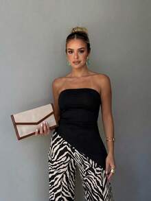 Atasan Rajut Tanpa Tali dengan Hem Asimetris dan Celana Panjang Longgar Motif Garis Zebra dengan Kantong dan Tali Dekoratif, Koleksi Musim Semi/Panas Wanita 2026, Ke-4 dari Koleksi Elegan - Hitam - View 4