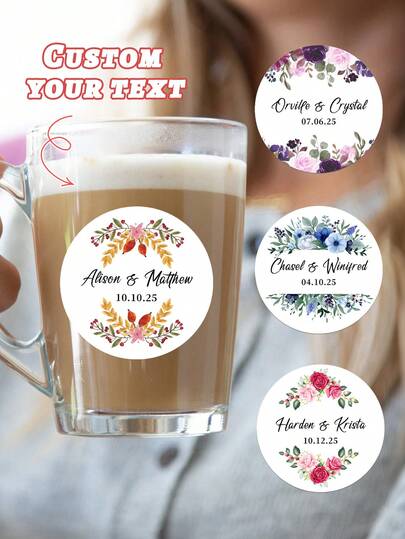 Customized Floral Wreath Wedding Stickers, Personalized Round Labels With Couple's Names And Wedding Date, Watercolor Botanical/Autumn Floral Design, Waterproof Removable, Suitable For Wedding Favor Bags, Cookie Boxes, Party Cups, Gift Tags And Bridal Shower Decor