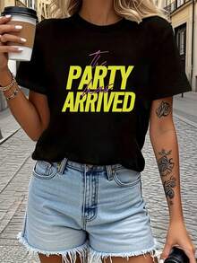 Camiseta suave para mujer "Party's Over" - Manga corta, cuello redondo, top casual con estampado de letras, elasticidad media, adecuada para fiestas de primavera y verano, no es adecuada para uso diario en primavera y verano, lavable a máquina, blusas elegantes para mujer. - Negro - Ver 7