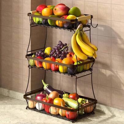 2 Tier Large Fruit Basket For Kitchen Counter With 2 Mobile Banana Gers, 2026 Pro Detachable Metal Fruit Bowl With Wooden