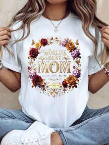 "World's Best Mom" T-Shirt, I Love You Mom, Floral Design For Mother's Day, Gift For Moms, Casual T-Shirt For Celebrating Motherhood, 220g - Urban Vintage Style, Unisex, Loose Fit, Cotton, Short Sleeve, Round Neck, 100% Pure Cotton - 白色 - 查看 7