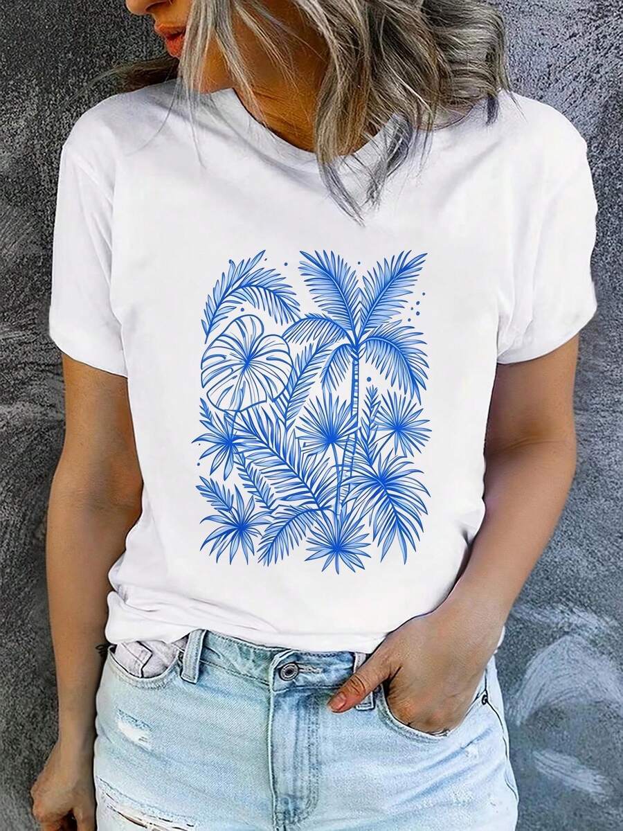 Women's Printed Short-Sleeved T-Shirt With Round Neck, Modern And Casual, Machine Washable, Comfortable Fit, 2D Flat Print, Casual 2D Blouses For Women. - 白色_02 - 查看 1