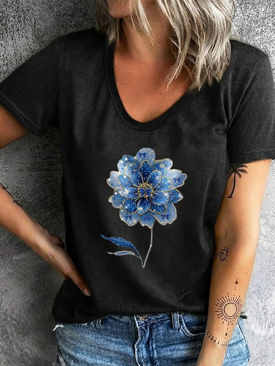 Women's Summer T-Shirt, Elegant Short-Sleeved T-Shirt, Comfortable And Breathable, Suitable For Sports And Fitness, Casual Outings, With Blue Floral And Crystal Design. - 黑色 - 查看 1