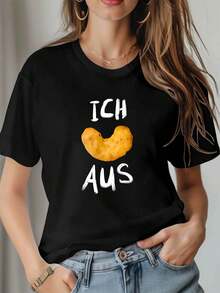 New 2026 Collection: Women's Cotton T-Shirt With German Heart Design And Fried Snack Theme - Fun Food And Slogan Decoration, Casual Short Sleeve, Everyday Top For Food Lovers - 黑色 - 查看 3