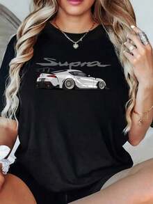 100% Cotton. Modern Sports Car Graphic Symbolizing Speed, Freedom, And Passion For Automotive Culture On A Women's T-Shirt. 100% Soft And Comfortable Cotton. Women's Simple Solid Color T-Shirt, Loose And Slim Fit Casual Short Sleeve - 黑色 - 查看 11