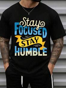 Men's 100% Cotton T-Shirt (200g) - Funny "Stay Focused" Slogan - Casual Crew Neck Short Sleeve T-Shirt - Humorous Gift For Husband On His 60th Anniversary Or For Year-Round Wear - Plain Casual T-Shirt - 黑色 - 查看 1