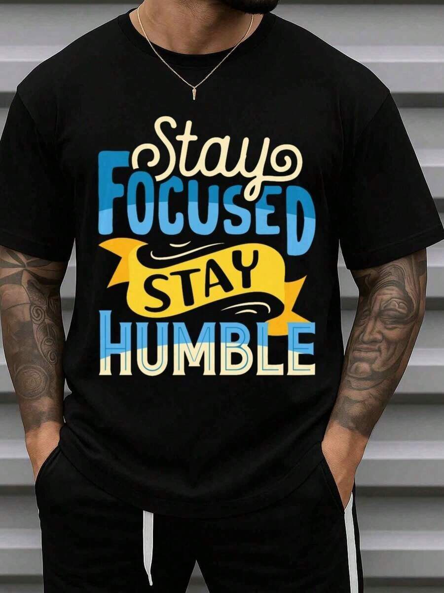 Men's 100% Cotton T-Shirt (200g) - Funny "Stay Focused" Slogan - Casual Crew Neck Short Sleeve T-Shirt - Humorous Gift For Husband On His 60th Anniversary Or For Year-Round Wear - Plain Casual T-Shirt - 黑色 - 查看 1