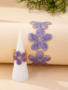 Bộ 2 chiếc vòng tay và nhẫn thiết kế tinh tế, sang trọng, màu tím nhạt hình hoa dầu, thích hợp cho phụ nữ đeo hàng ngày. - Bộ đồ hai mảnh màu tím - Xem 3