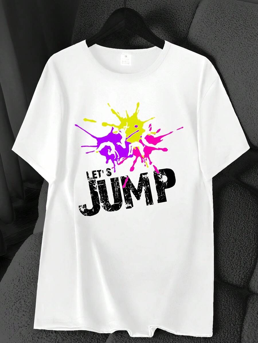 Short-Sleeved T-Shirt With A "Et's Jump" Dance Pattern Print, A Unique Style, A Must-Have For Trendsetters. Studio Wear, Team Wear, Pattern Print. New 2026 Crew Neck T-Shirt, Modern, Youthful, Fashionable, Casual, Sporty, Short-Sleeved, Summer, High-Elasticity, Women's Base T-Shirt With A Colorful Print. Elegant Party Outfit, T-Shirt For Elegant Ladies, Blouses Suitable For Curvy Women, Casual Wear, Cool And Sweat-Free Summer Wear, Fun Letter Print. - 白色 - 查看 1
