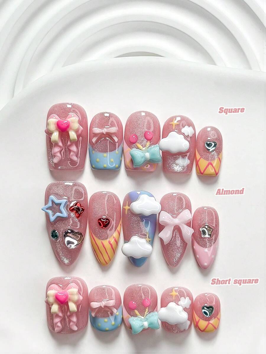 10件甜美風手工穿戴式美甲,Polygel美甲套組,雲朵、蝴蝶結、條紋、波點,藍色、黃色與粉色指甲油,鮮豔風格,附美甲工具,3種尺寸可選,方形、短方形、杏仁形,適合派對、舞蹈、日常穿戴 - 彩色 - 查看 1