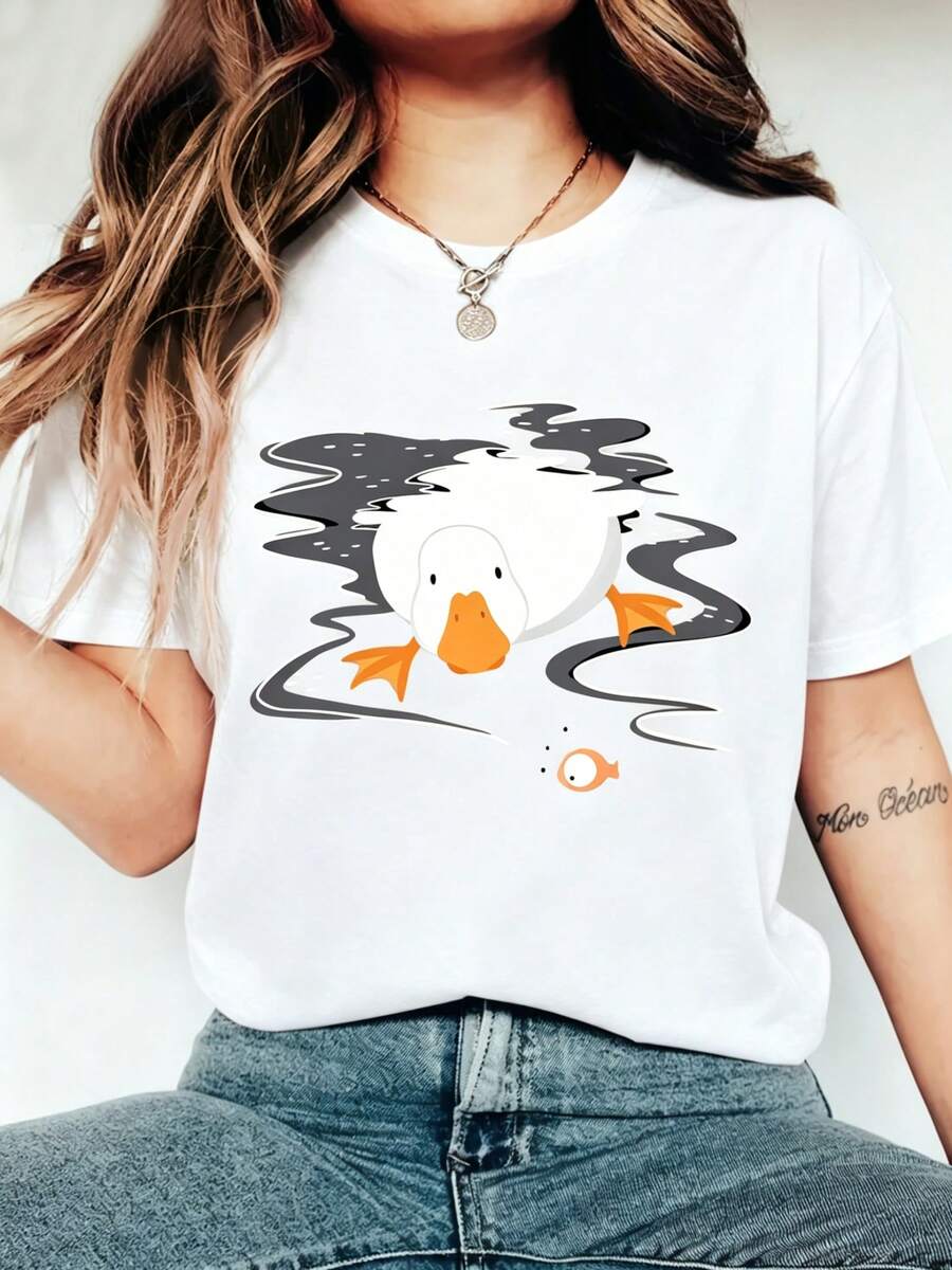 Women's Summer Clothes, Reversible T-Shirt With Swimming Ducks Print, Round Neck And Short Sleeves, Comfortable, Soft, Modern, Elegant, Ideal For Parties, Versatile Casual Vintage Style, Spring, Summer, Autumn And Winter Athletic Style Top Available In Sizes S-XXL - 白色 - 查看 1