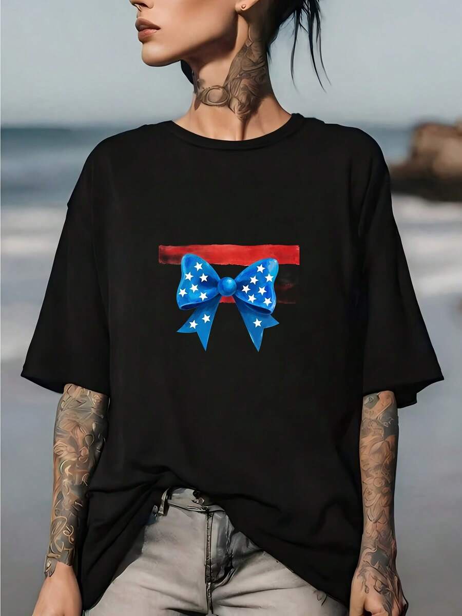Soft 180g T-Shirt With American Flag And Butterfly Print, A Great Gift Choice For Families And Businesses, Special Edition Patriotic T-Shirt For Independence Day. - 黑色 - 查看 1
