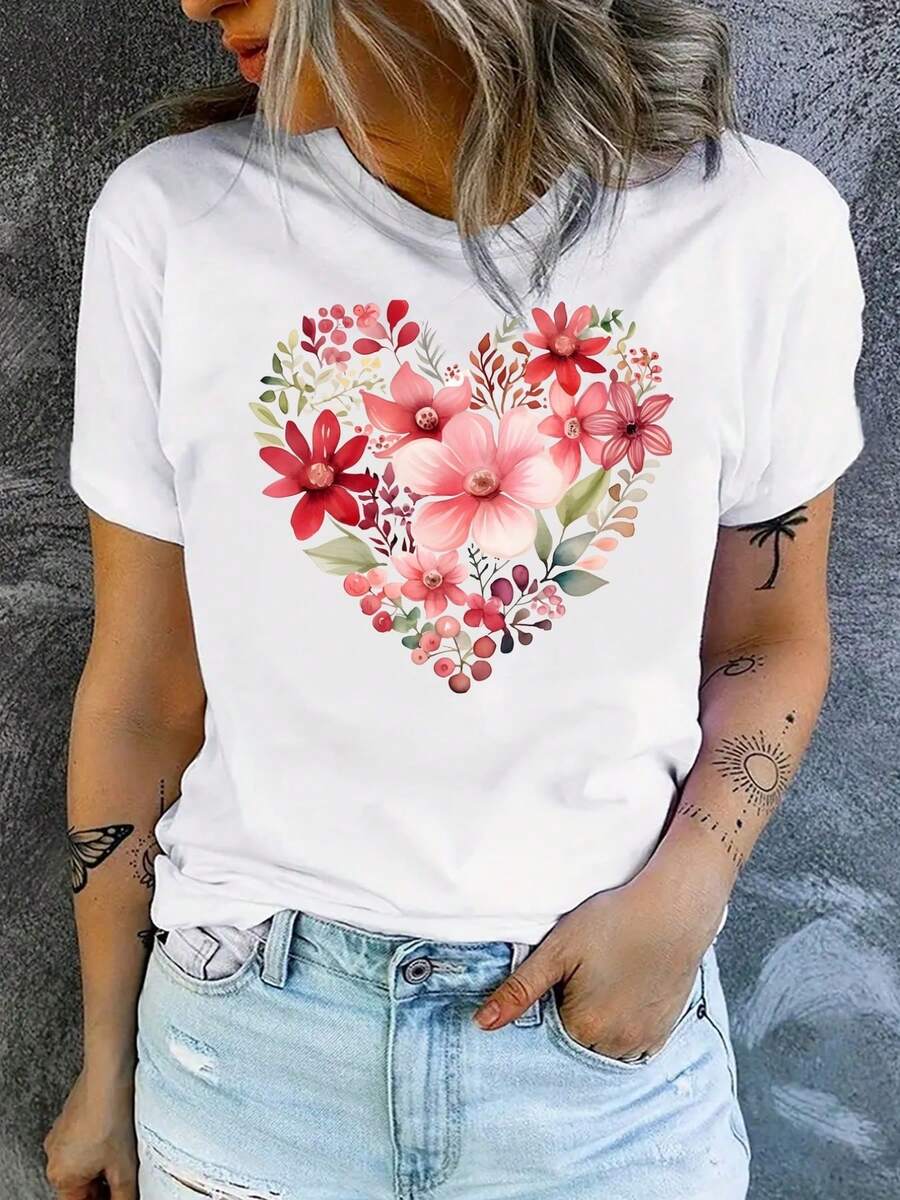 Heart-Shaped Bouquet, Watercolor Floral Print, Women's Casual Short-Sleeve T-Shirt, Comfortable Fit, Matching Sets For Sisters, Outdoor Travel Essential, Women's T-Shirt, Spring/Summer T-Shirt. - 白色 - 查看 1