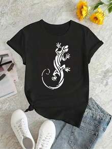 Soft 100% Cotton T-Shirt, 1 Piece, Minimalist Design For Women, 100% Cotton, Soft And Skin-Friendly, Versatile Casual Style, Round Neck, Short Sleeve, Lizard Print, Casual Sports T-Shirt For Women, Round Neck, Short Sleeve, Comfortable Top For Summer, Winter Clothing For Women - Breathable Cotton Clothing For Everyday Wear In Summer, Matches Everything. - 黑色 - 查看 2