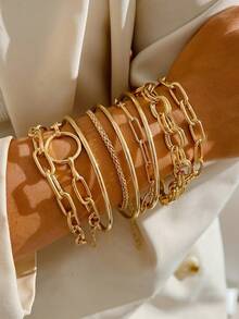 9pcs Minimalist Punk Inspired Metal Bangle Bracelet Set, Versatile For Vacation, Party, Birthday, Daily Wear - Yellow Gold - View 2