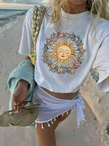 1 Piece 'Spiritual Sun' Print T-Shirt, Casual Short Sleeve Round Neck T-Shirt For Summer And Spring, Women's T-Shirt, 180g 100% Cotton - 白色 - 查看 1
