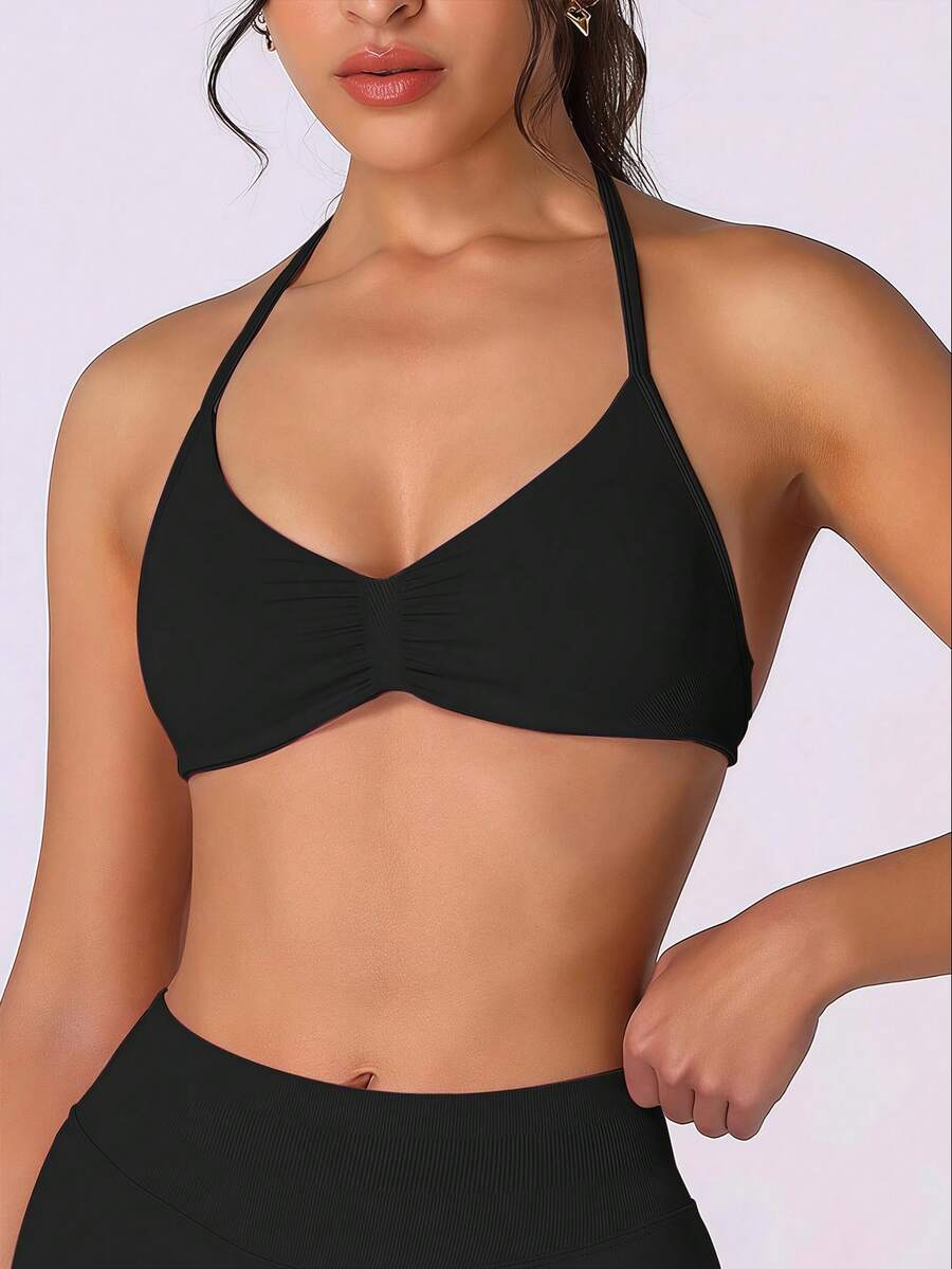 DINBEY 新款高弹无缝运动背心，女士健身瑜伽加厚运动文胸，舒适时尚运动服 - 黑色 - 查看 1