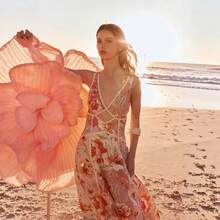 Women's Floral Print Maxi Dress, V-Neck Spaghetti Straps With Lace Trim & Cutout Detail For Beach & Vacation - 花色 - 查看 2