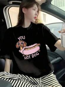 100% Algodón Premium: Camiseta divertida You Hot Dog perro salchicha estilo único casual relajado para amantes de perros disponible en negro y varias tallas moda mujeres trending- Ropa de Moda Casual Suave y Transpirable para Diario - Negro - Ver 1