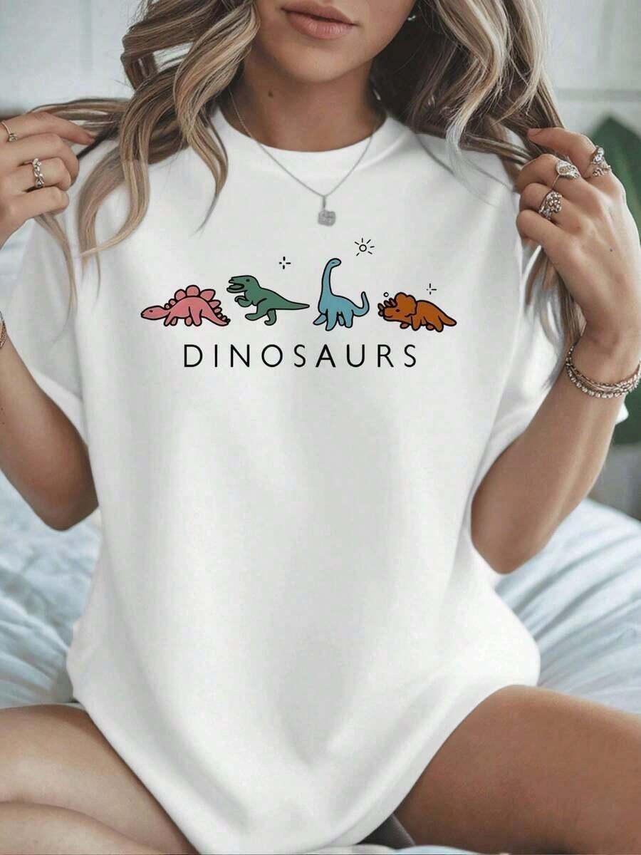 Fashion Printed T-Shirts For Women, Oversized Streetwear Tops, Comfortable And Stylish All-Match Summer Tees. Dinosaur Print T-Shirt, 220g Cotton, Casual Summer Crew Neck Short Sleeve T-Shirt (1 Unit) - 白色 - 查看 1
